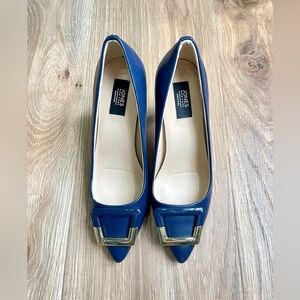 Jones New York Diana WN SZ 6M BLUE MED HEELS GOLD BUCKLE ON TOE LNC
